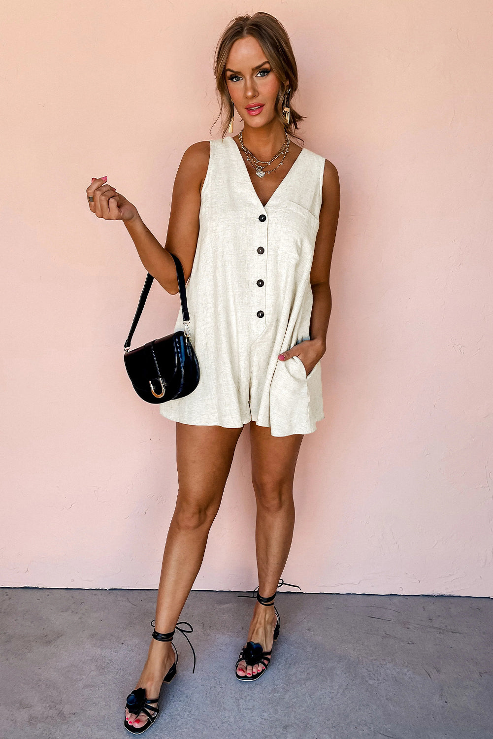 Beige V Neck Buttoned Front Chest Pocket Sleeveless Romper