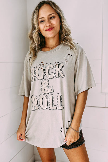 Gray Rock & Roll Graphic Ripped Oversized Tee