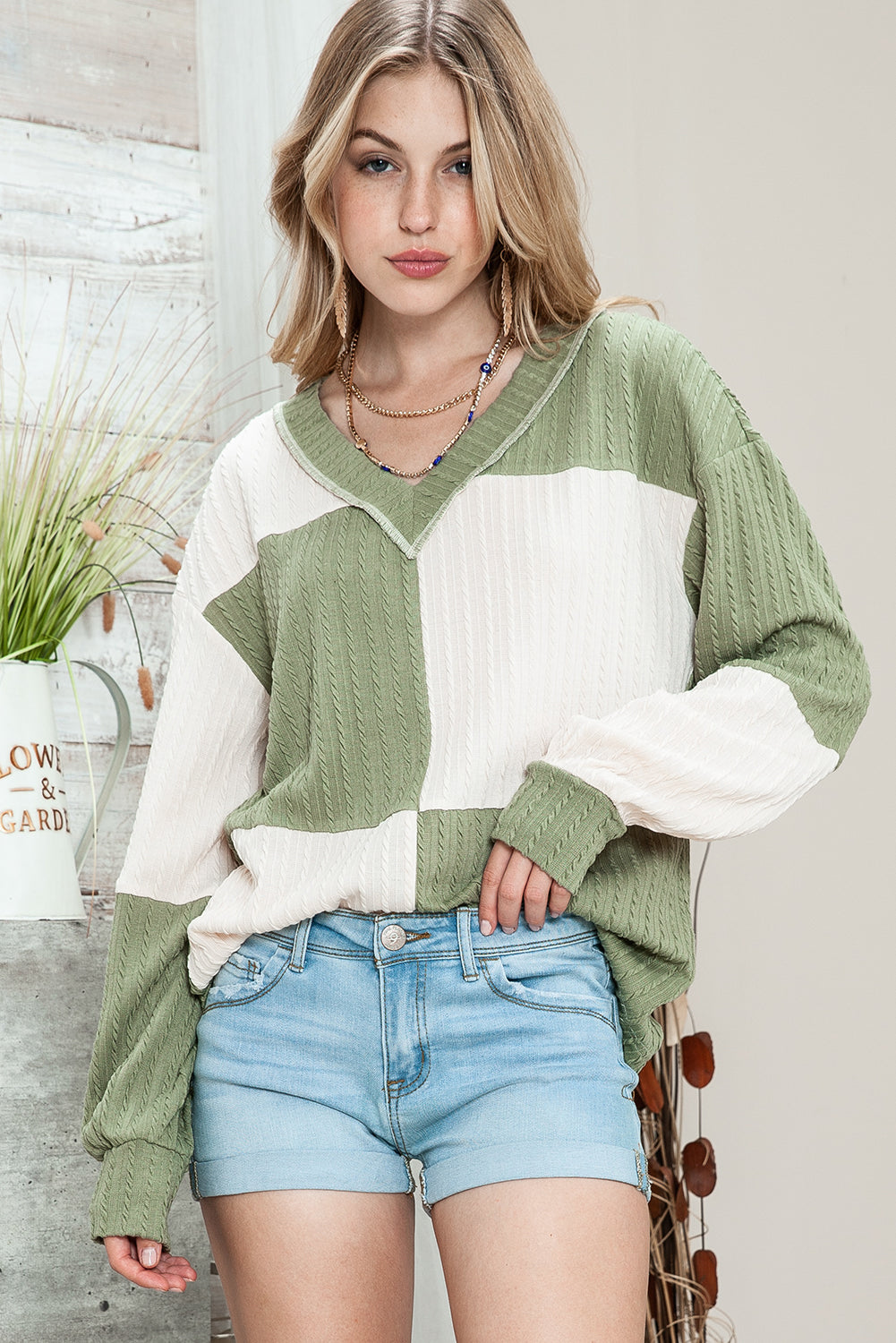 Green and Beige Color Block Textured V Neck Long Sleeve Top