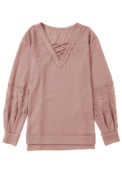 Pink Lace Waffle Knit Crisscross Straps V Neck Long Sleeve Top