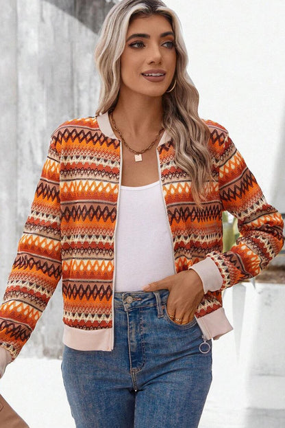 Orange Boho Striped Zip-Up Long Sleeve Jacket