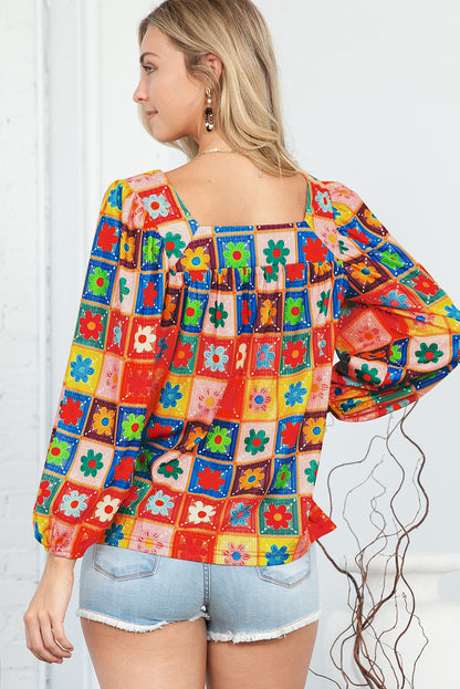 Multicolor Flower Pattern Lantern Sleeve Square Neck Top