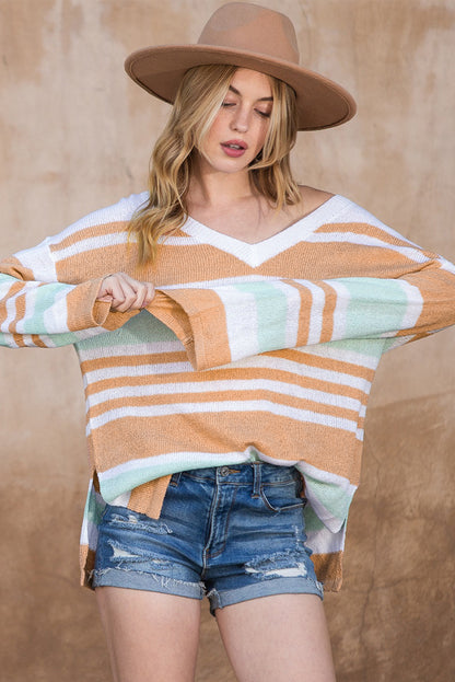 Multicolor Colorblock Stripe V Neck Split Sweater