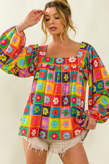 Multicolor Flower Pattern Lantern Sleeve Square Neck Top