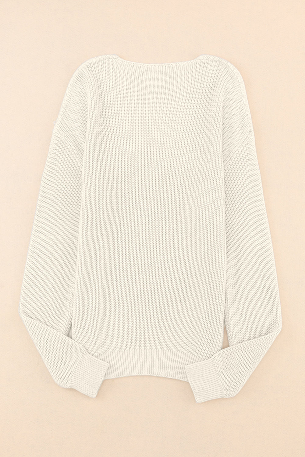 Beige Basic Ribbed Knit V Neck Sweater