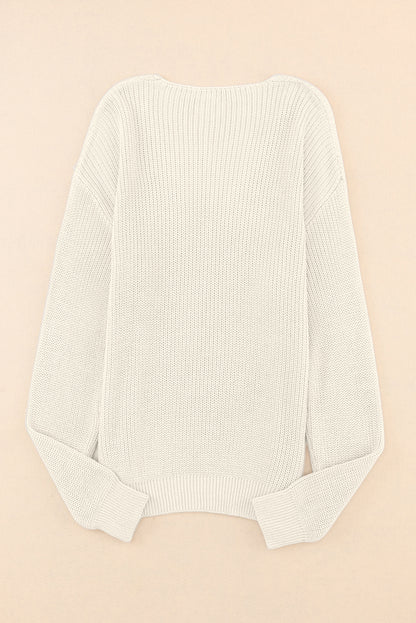 Beige Basic Ribbed Knit V Neck Sweater