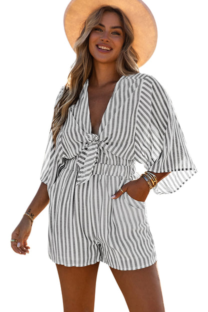 Grey Striped Print Tie Knot Front Romper With Pockets