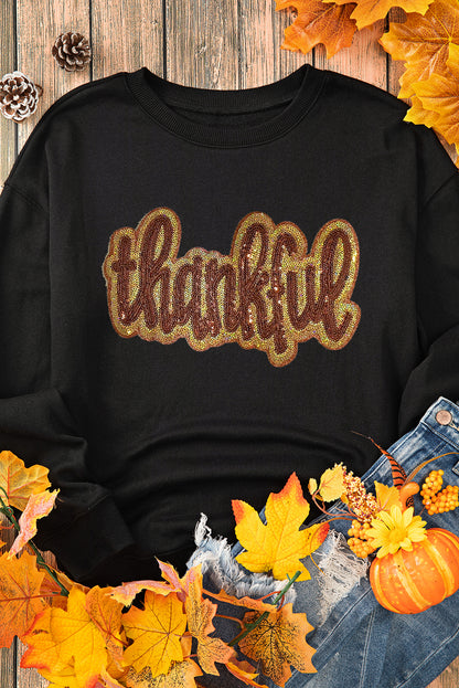 Black thankful Print Sequin Graphic Sweatshirt