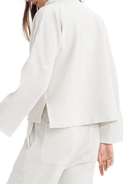 White Plain Mock Neck Drop Shoulder Ribbed Top