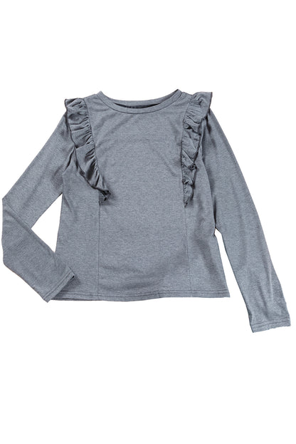 Dark Grey Solid Color Ruffle Long Sleeve Top