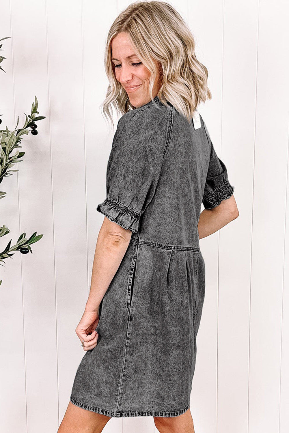 Medium Grey Mineral Washed Ruffled Short Sleeve Pocketed Denim Dress