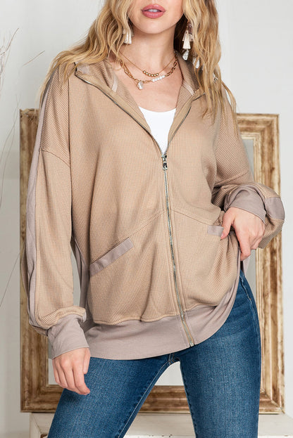 Khaki Thermal Zip Up Waffle Hoodie Jacket