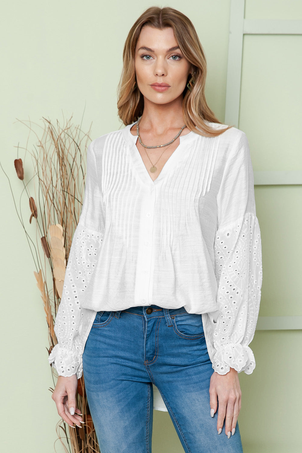 White Casual Eyelet Button Up Blouse for Women