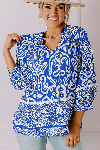 Blue Boho Abstract Print 3/4 Sleeve Tie Neck Blouse