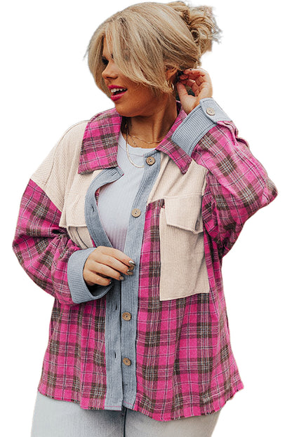 Red Plaid Print Patchwork Plus Size Shirt