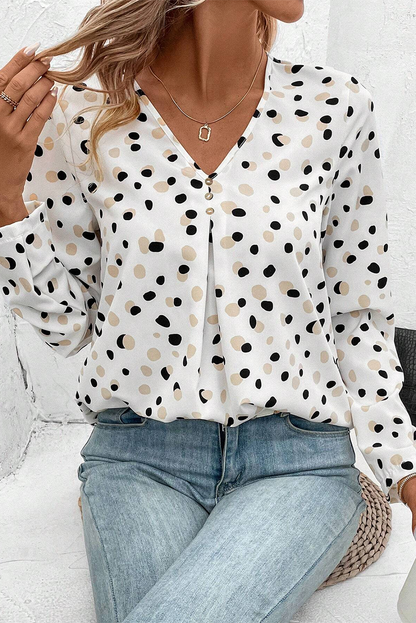 Green Dotted Print Button Front V Neck Blouse