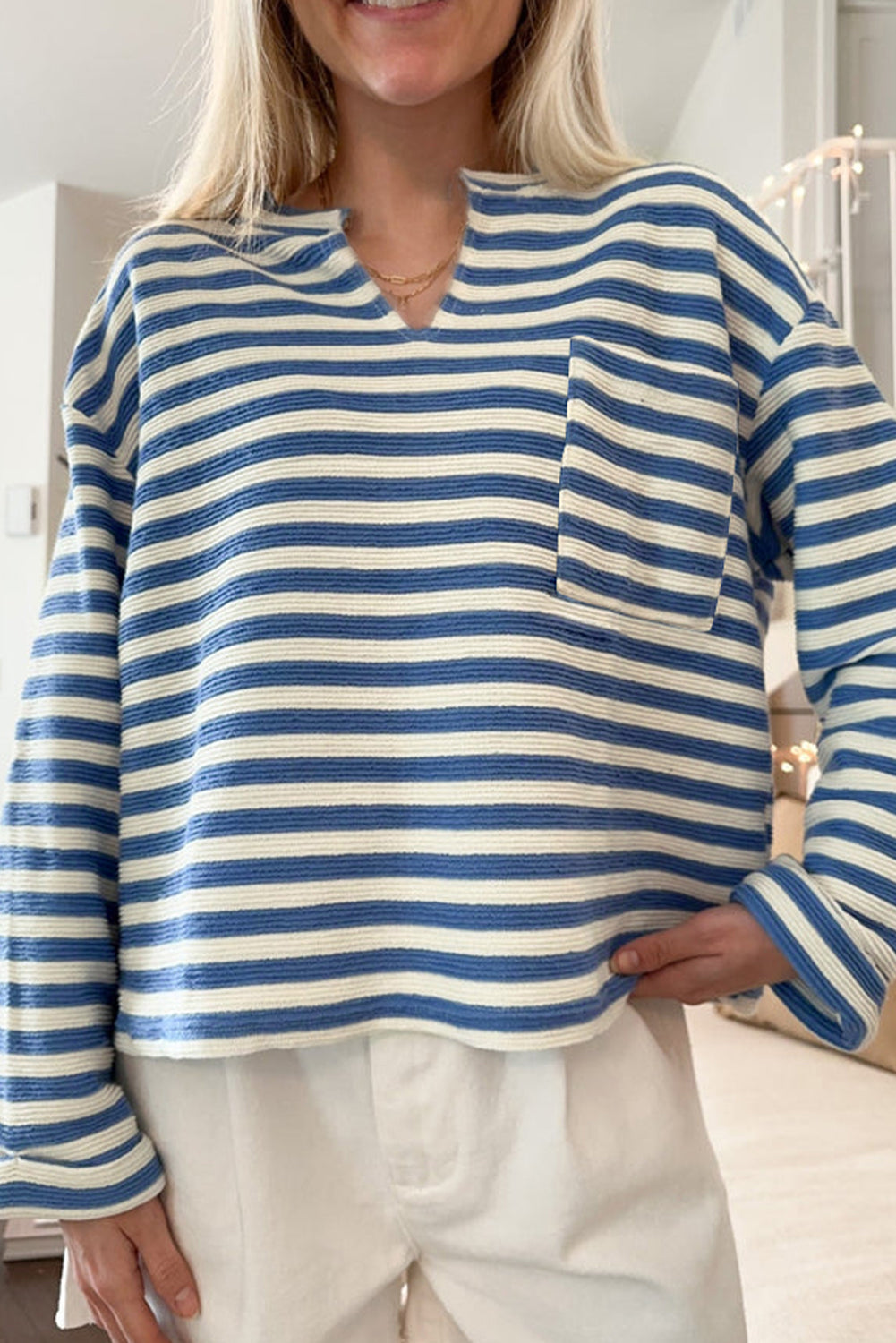 Sky Blue Stripe Pocket Buttoned Back Notched V Neck Top