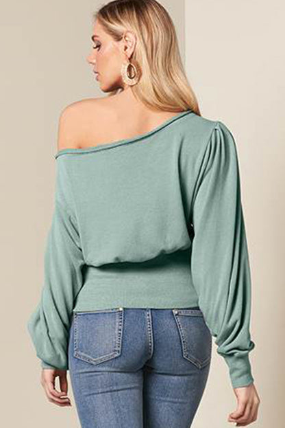 Green Solid Color Boat Neck Puff Sleeve Top