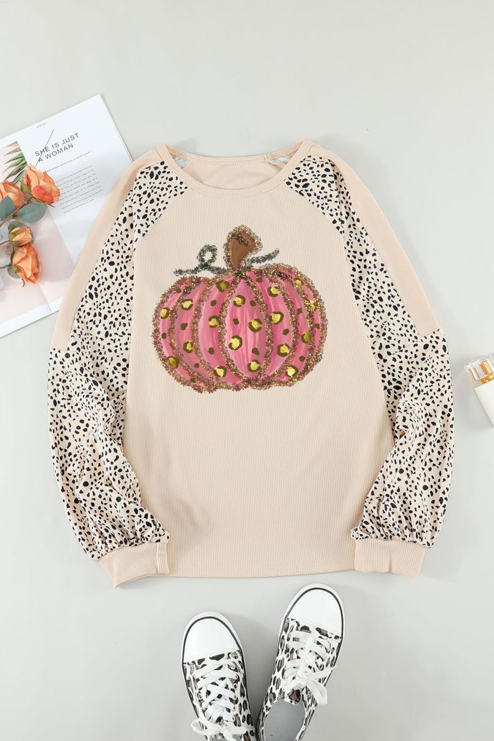 Khaki Thanksgiving Pumpkin Graphic Leopard Raglan Sleeve Top