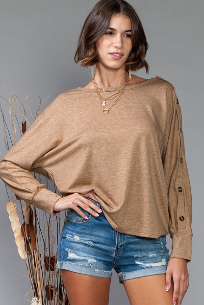 Gray Solid Color Button Decor Dolman Sleeve Top