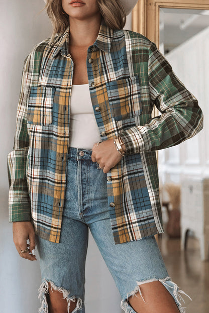 Green Plaid Colorblock Casual Pockets Button Up Shacket