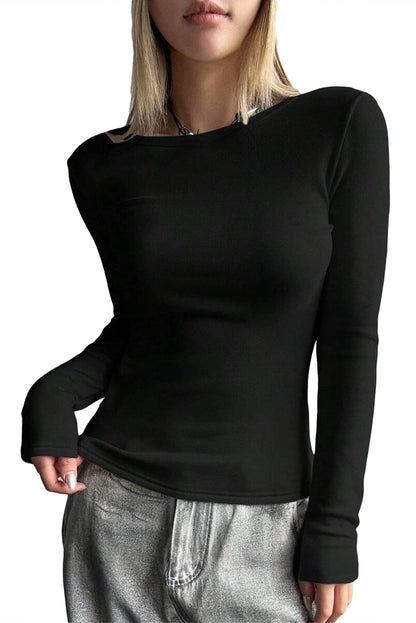 Black Fleece Lined Slim Fit Basic Long Sleeve Top