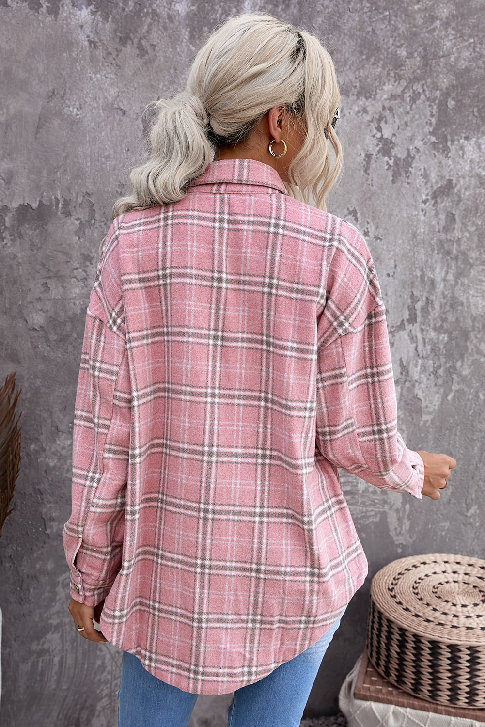 Pink Plaid Casual Button Up Shirt Shacket with Slits