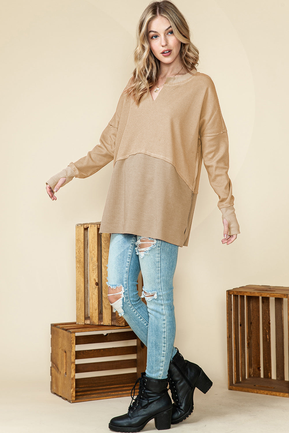 Flaxen Patchwork Waffle Knit Top