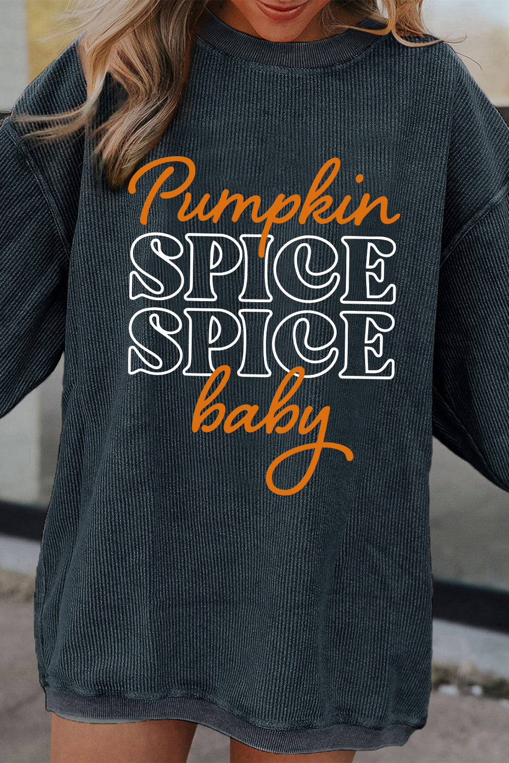 Dark Grey Thanksgiving Pumpkin Spice Baby Graphic Textured Sweatshirt