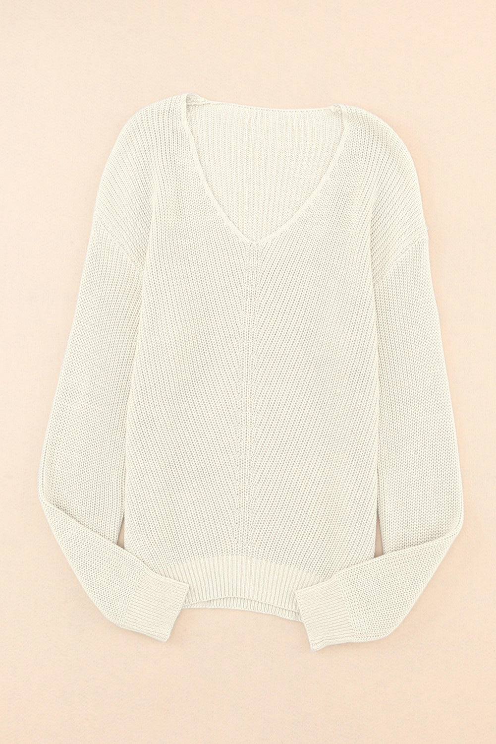 Beige Basic Ribbed Knit V Neck Sweater