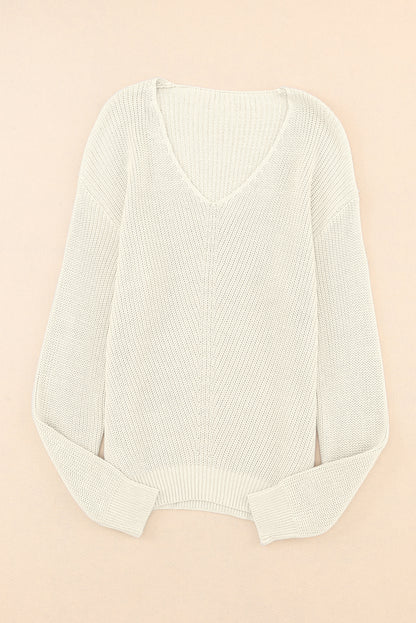 Beige Basic Ribbed Knit V Neck Sweater