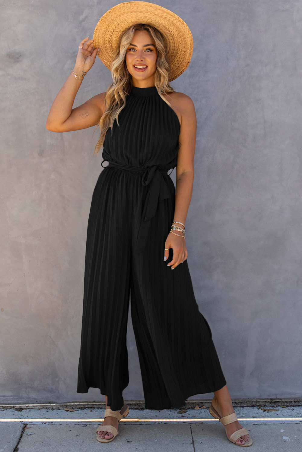 Black Elegant Halter Neck Belted Wide Leg Jumpsuit