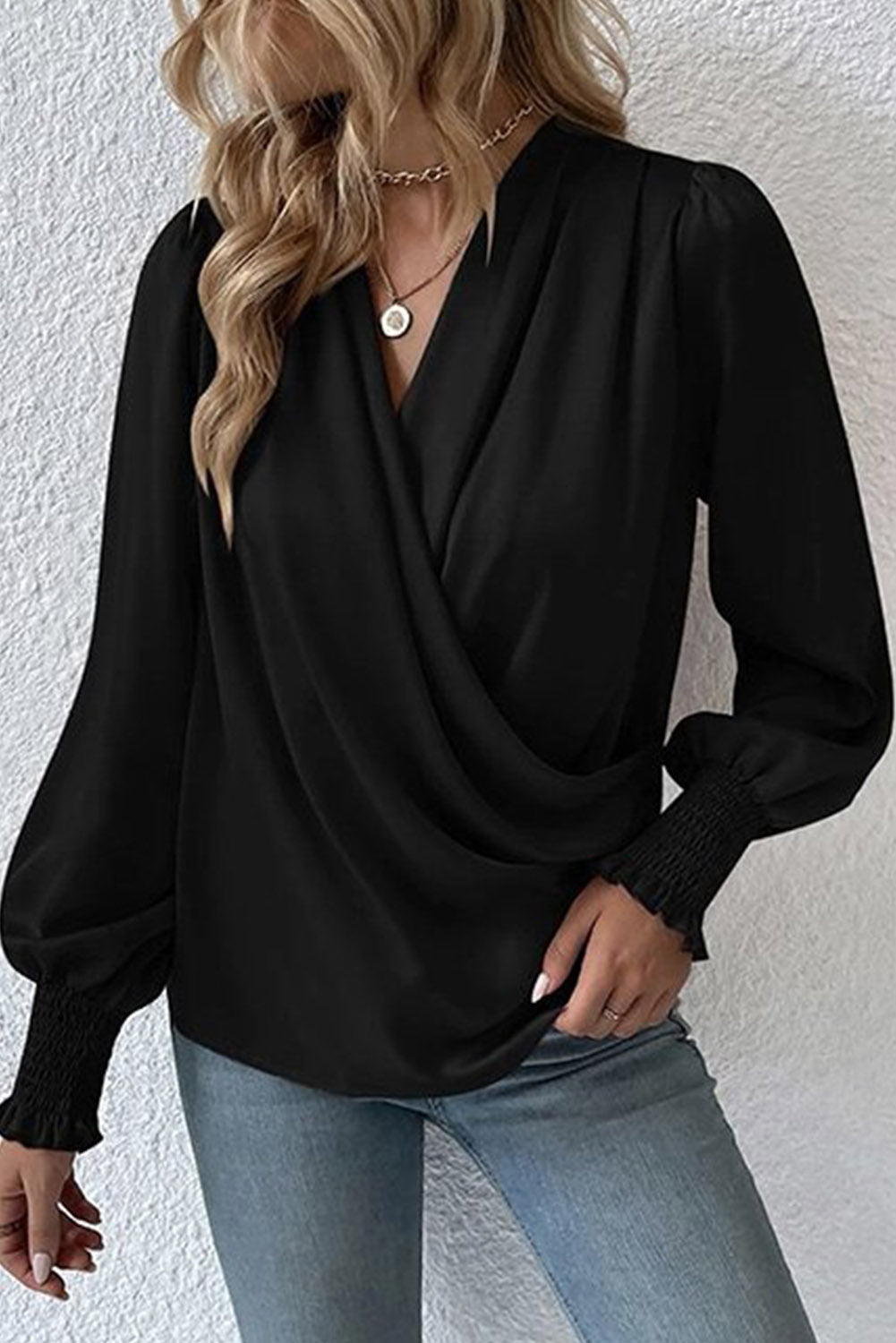 Black Basic Drape V Neck Long Sleeve Women Blouse