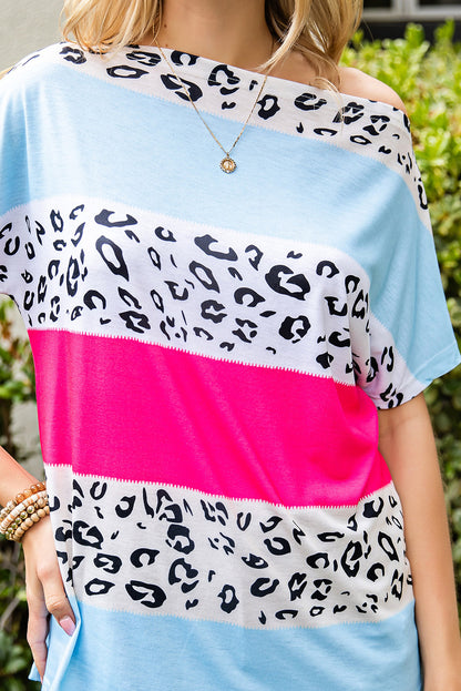 Leopard Stripes Color Block Boat Neck Tee