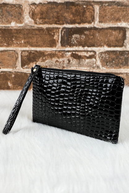 Black Crocodile Pattern Zipper Wristlet Clutch