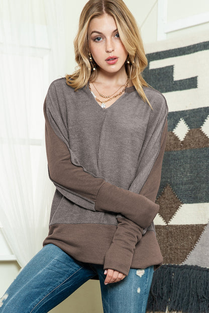 Brown Patchwork Split V Neck Thumblehole Sleeve Top