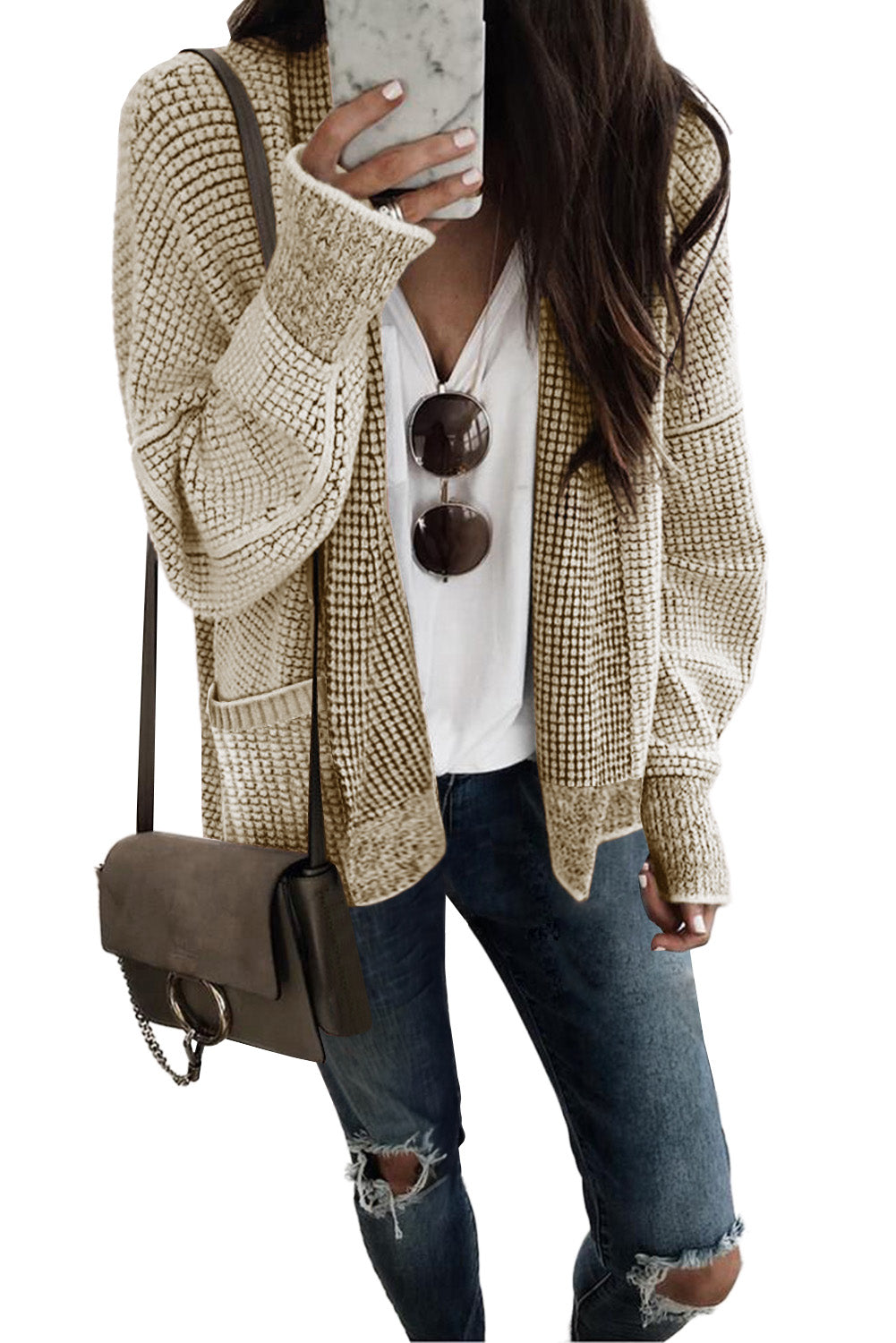 Apricot Chunky Knit Pockets Drop Sleeve Cardigan