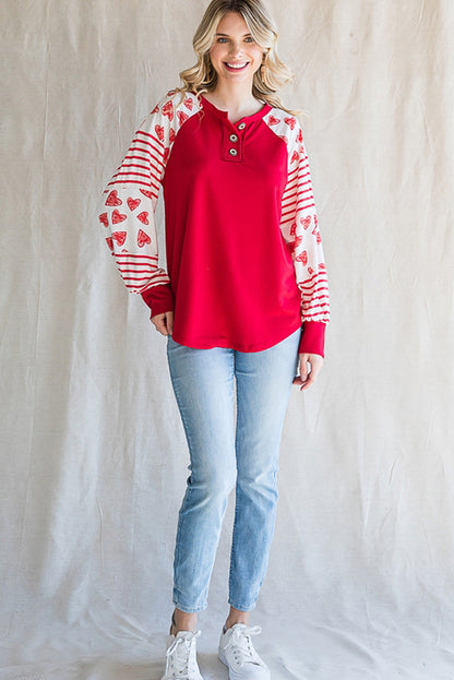 Fiery Red Heart Striped Raglan Sleeve Henley Top