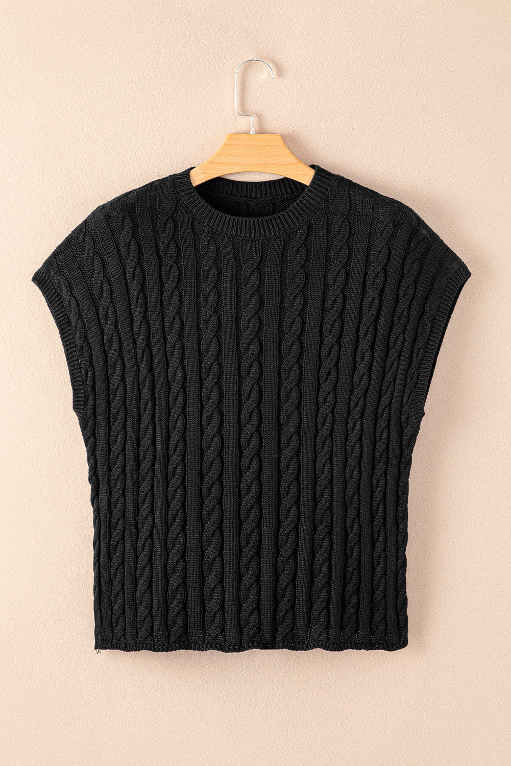 Gray Solid Cable Knit Short Sleeve Roun Neck Sweater