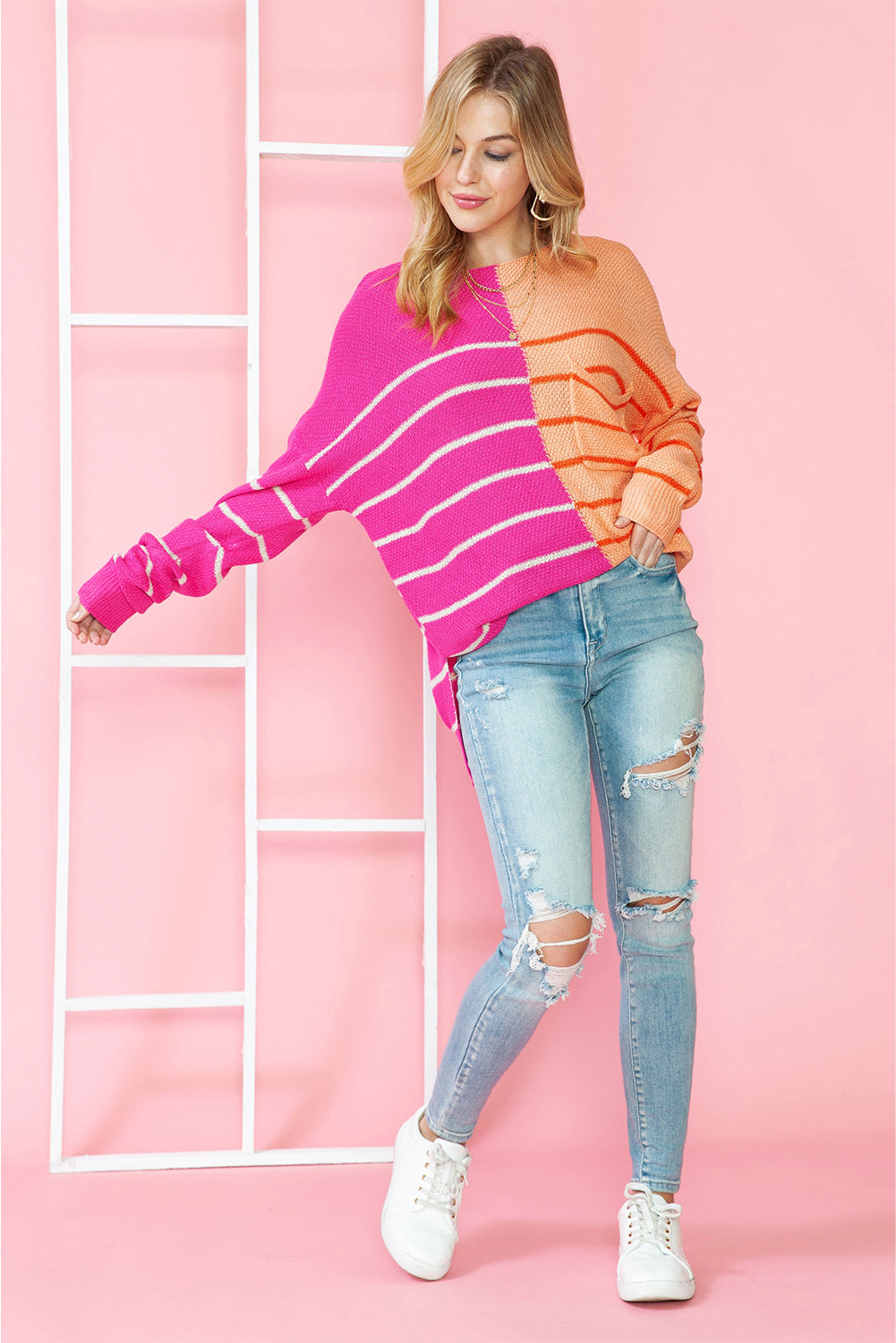 Multicolor Striped Color Block Loose Fit Knit Sweater