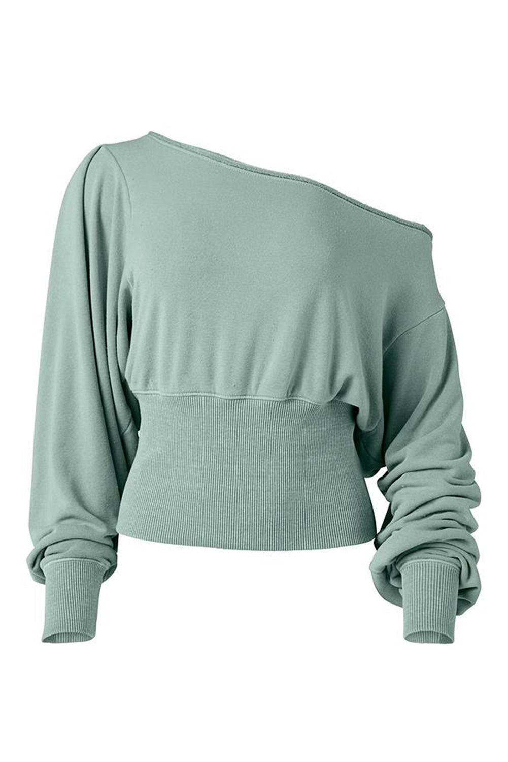 Green Solid Color Boat Neck Puff Sleeve Top