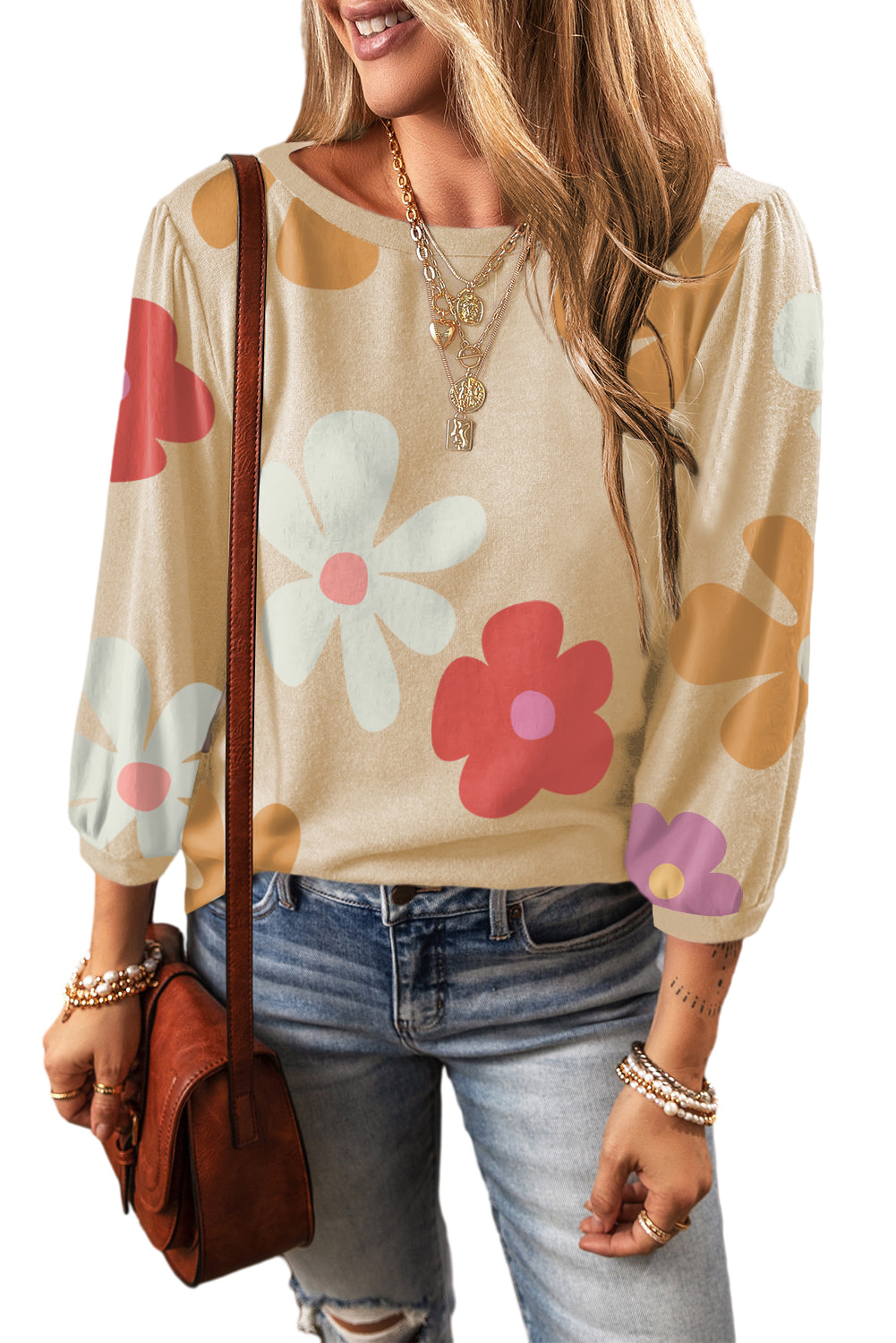 Apricot Flower Print Ruched Bracelet Sleeve Top