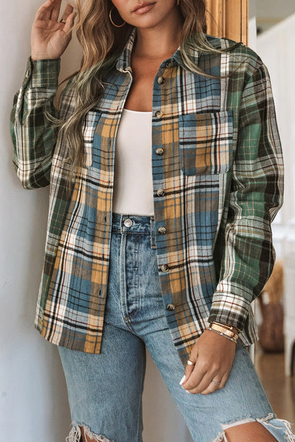 Green Plaid Colorblock Casual Pockets Button Up Shacket