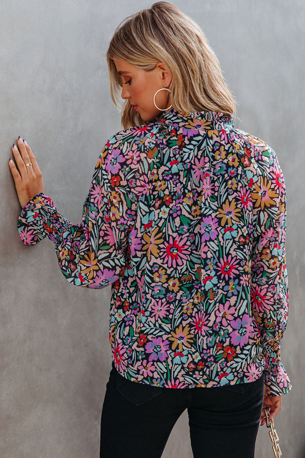 Multicolor Floral Boho Tie V Neck Peasant Blouse