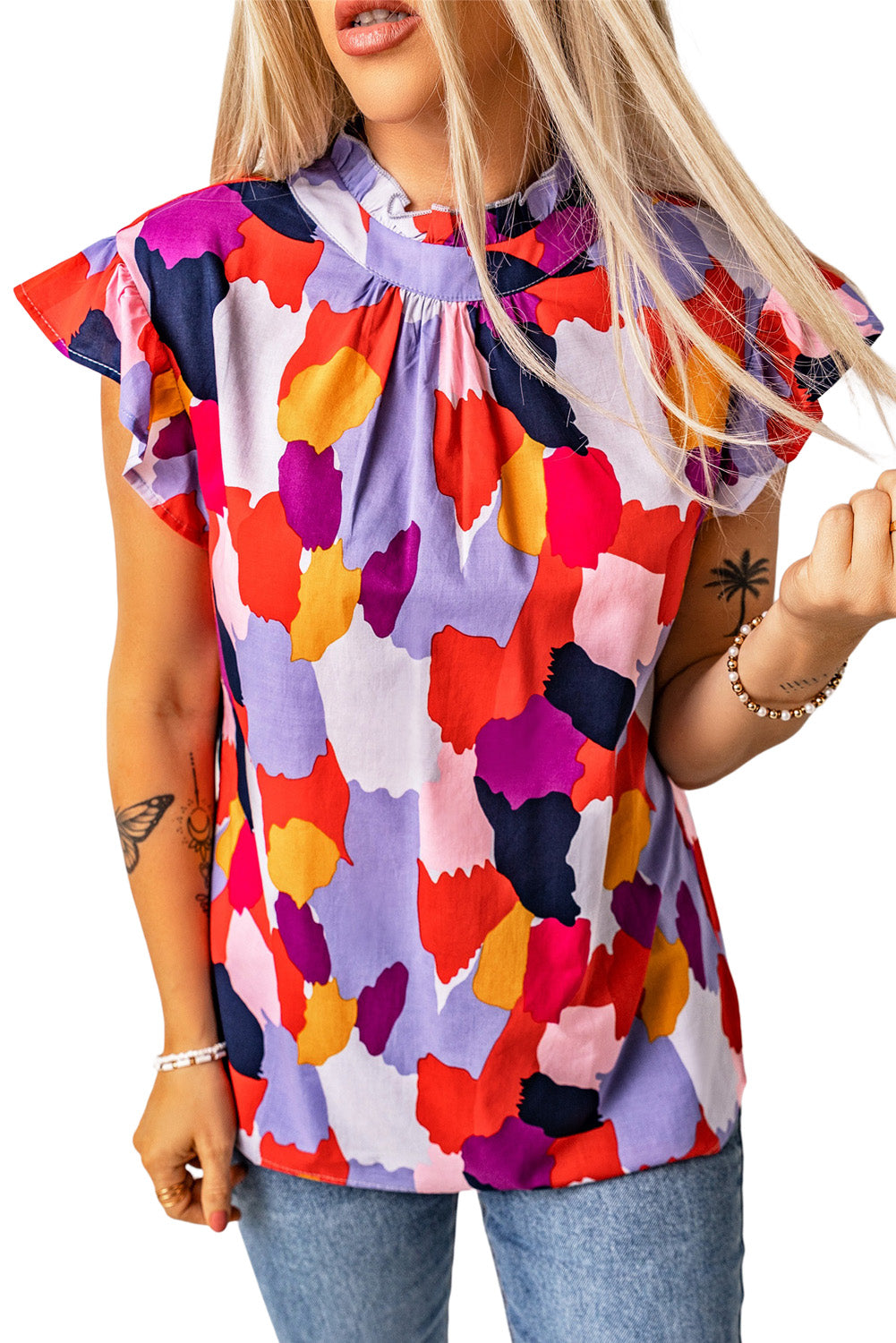 Multicolor Mock Neck Top Ruffle Sleeve Short Sleeve Blouse