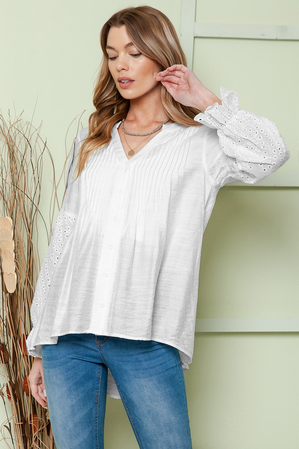 White Casual Eyelet Button Up Blouse for Women