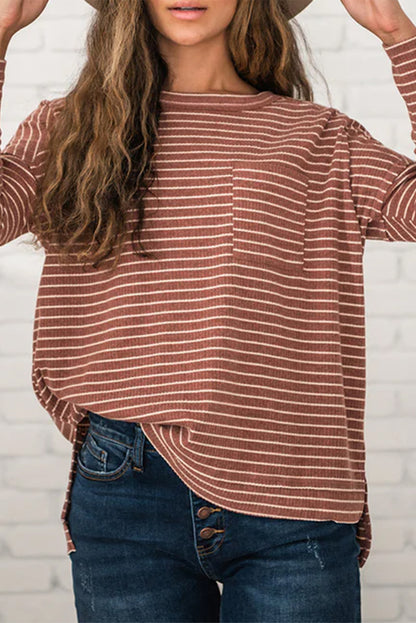 Stripe Side Slits Stitching Patchwork Long Sleeve Top