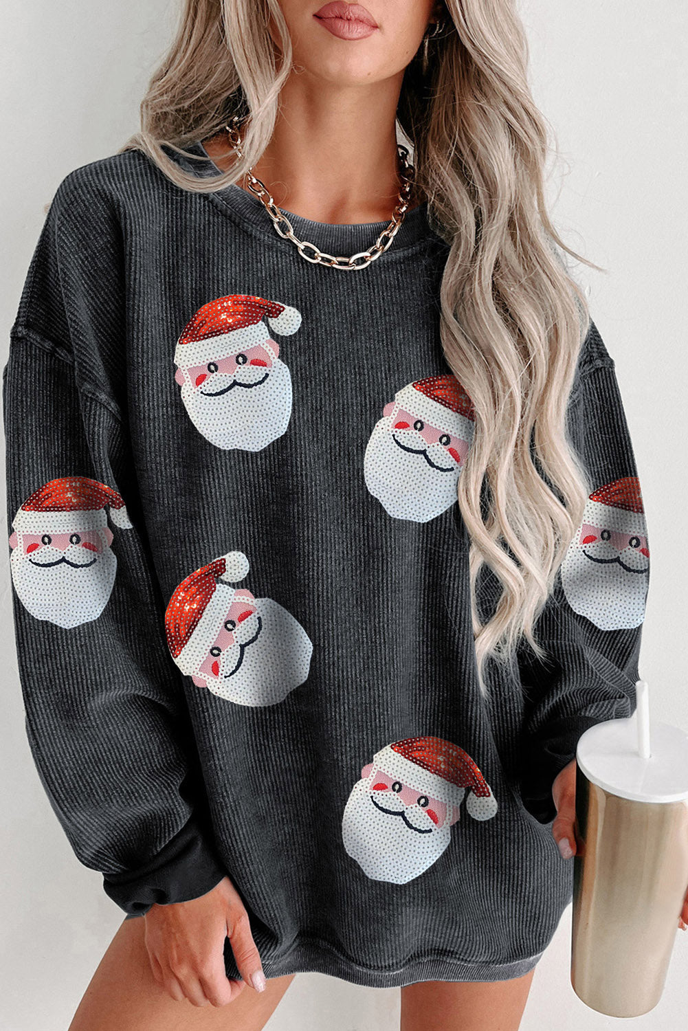 Black Sequined Santa Claus Corded Christmas Graphic Sweatshirt