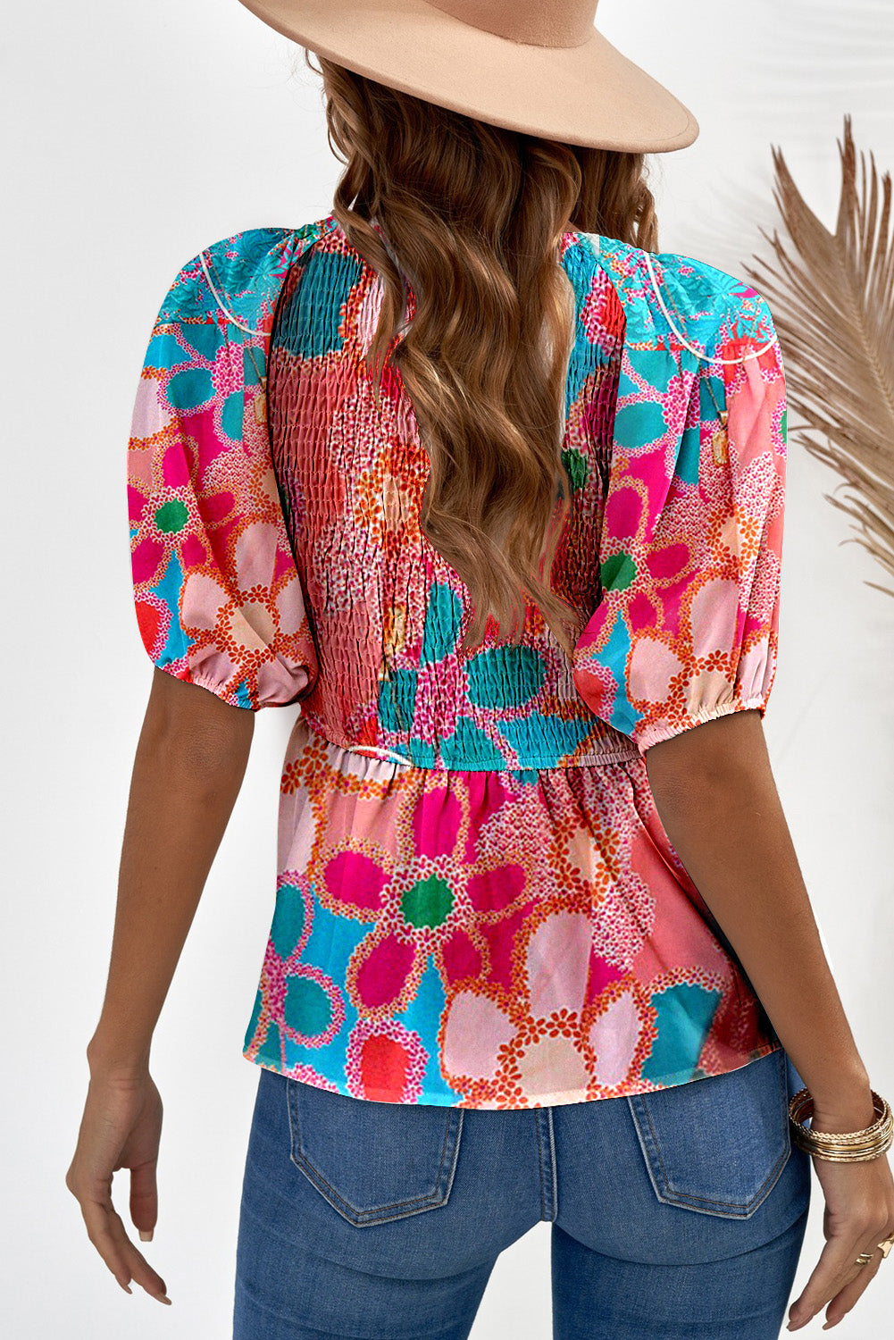 Pink Abstract Print Puff Sleeve Blouse V Neck Smocked Peplum Top