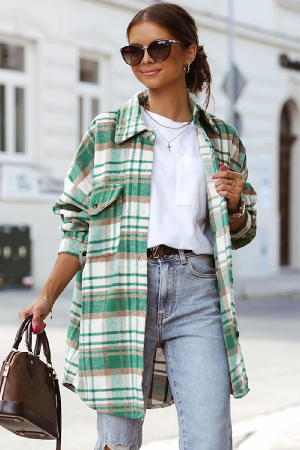 Red Plaid Flap Pocket Long Sleeve Oversized Shacket